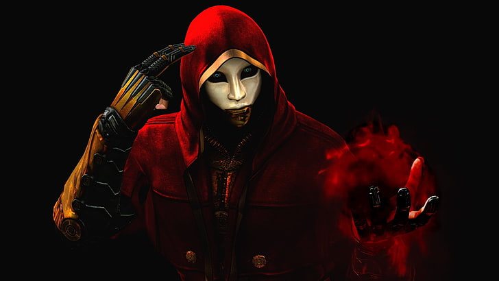 красная балахон человека, ниндзя эйден, магия, рука, капюшон, маска, HD обои