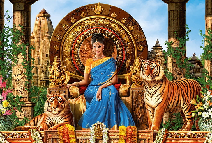Artistic, Women, Egyptian, Fantasy, Girl, India, Jungle, Saree, Temple, Throne, Tiger, Tiger Queen, Woman, HD wallpaper