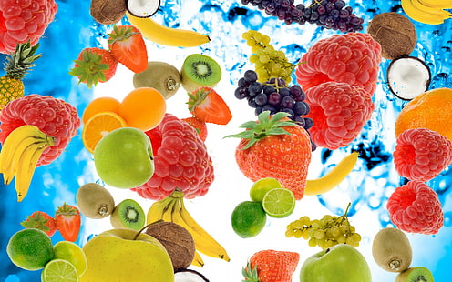 elma, muz, meyveler, kabarcıklar, hindistan cevizi, meyveler, üzüm, kivi, limon, ananas, ahududu, çilek, su, HD masaüstü duvar kağıdı HD wallpaper