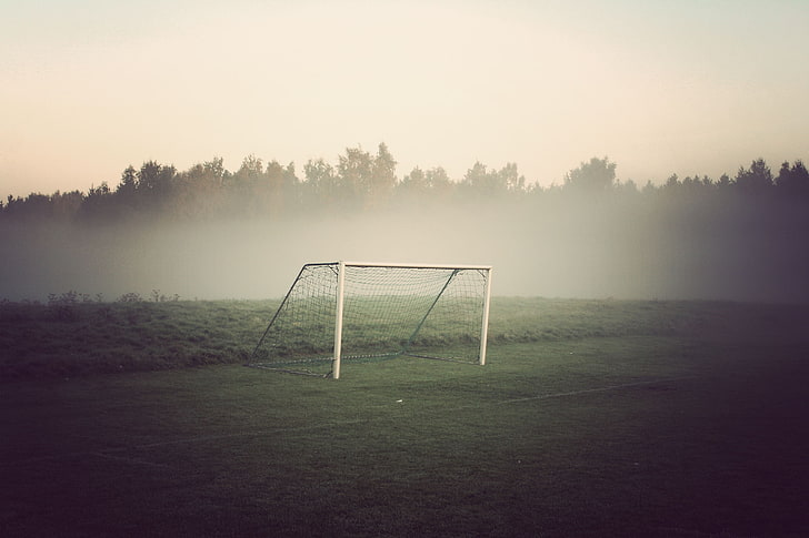white goal net, field, forest, fog, football, gate, HD wallpaper