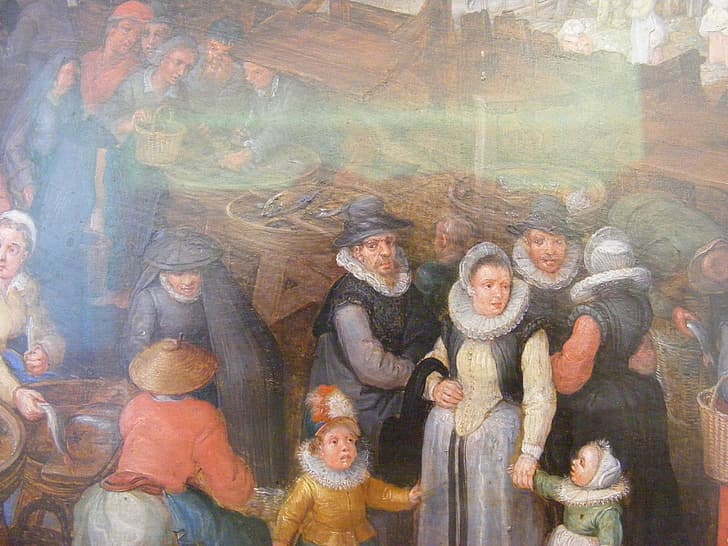 ตลาดปลาขนาดใหญ่ปี 1603 Jan Brueghel The Elder (Velvet) รายละเอียดของครอบครัวของศิลปิน, วอลล์เปเปอร์ HD