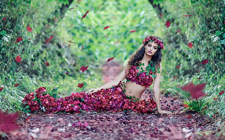 Beautiful girl, flowers dress, leaves, autumn, Beautiful, Girl, Flowers, Dress, Leaves, Autumn, HD wallpaper