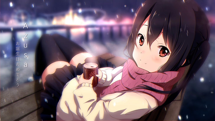 anime girls, coffee, winter, scarf, Nakano Azusa, K-ON!, 小忍.pr, HD wallpaper