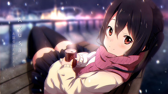 аниме момичета, кафе, зима, шал, Nakano Azusa, K-ON !, 小 忍 .pr, HD тапет HD wallpaper