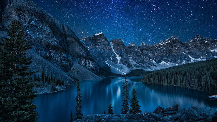 カナダ、自然、湖、山、木、森、星、風景、反射、雪、 HDデスクトップの壁紙