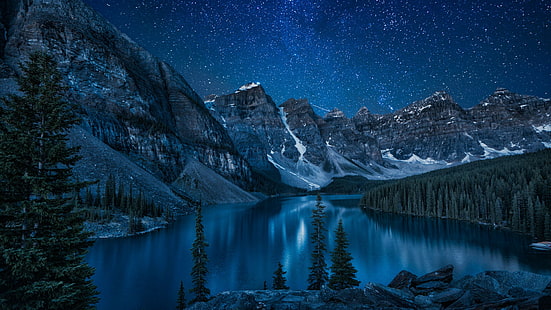 Kanada, Natur, See, Berge, Bäume, Wald, Sterne, Landschaft, Reflexion, Schnee, HD-Hintergrundbild HD wallpaper