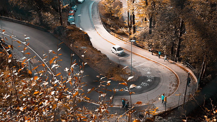 white car, fall, road, Bergen, teal, orange, leaves, HD wallpaper