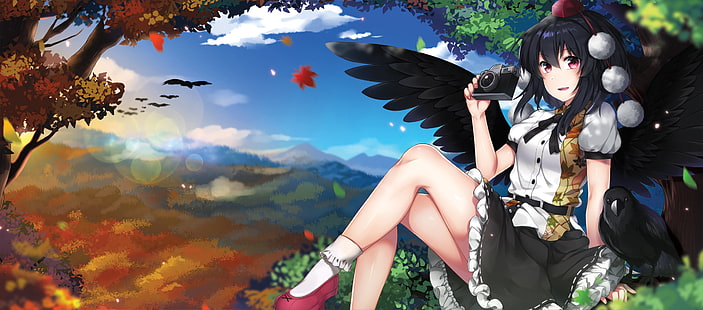 shameimaru aya, touhou, czarne skrzydła, kamera, wrona, anime, Tapety HD HD wallpaper