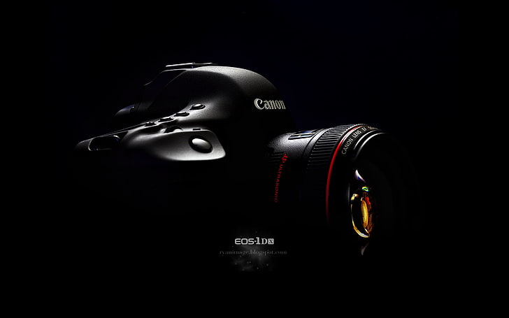 черная зеркальная фотокамера Canon, фотоаппарат, объектив, черный фон, Canon, canon EF 50mm F1, HD обои