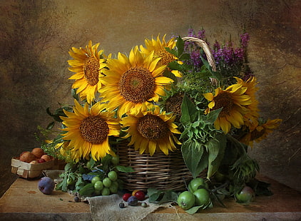 Blumen, Apfel, Sonnenblume, Stillleben, Abfluss, HD-Hintergrundbild HD wallpaper