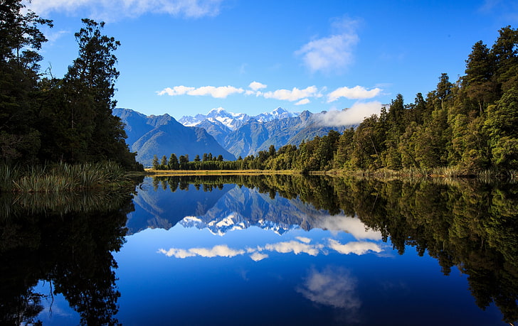 body of water, forest, mountains, lake, reflection, New Zealand, Lake Matheson, Southern Alps, HD wallpaper