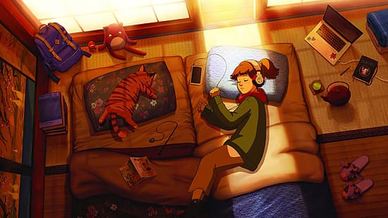 LofiGirl, LoFi, спит, ранцы, солнечный свет, ноутбук, HD обои HD wallpaper