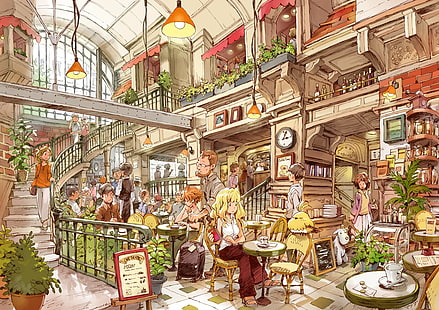люди в библиотеке кафе иллюстрации, кафе, люди, HD обои HD wallpaper