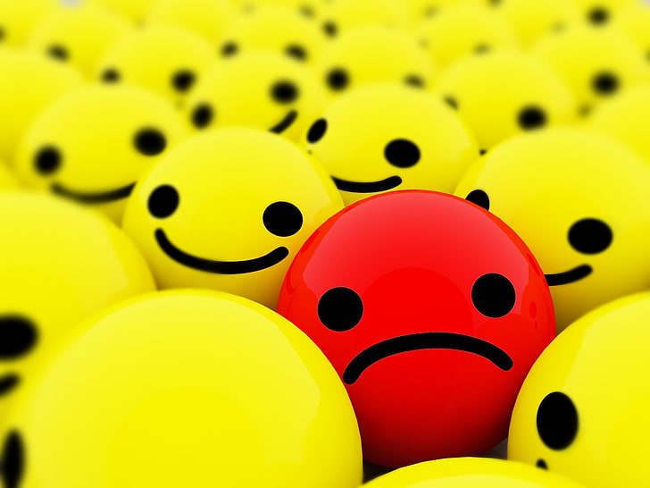 senyum kuning dan ilustrasi emoticon sedih merah, sedih, smiley, merah, kuning, bola, hitam, Wallpaper HD