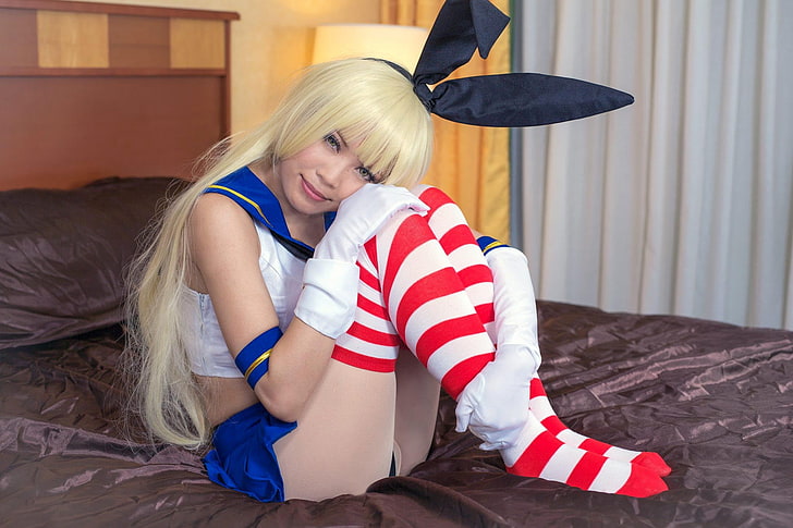 pair of women's red-and-white striped socks, cosplay, Shimakaze (Kancolle), HD wallpaper