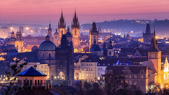 プラハ、ピンクの空、ヨーロッパ、チェコ、チェコ共和国、夕方、 HDデスクトップの壁紙 HD wallpaper