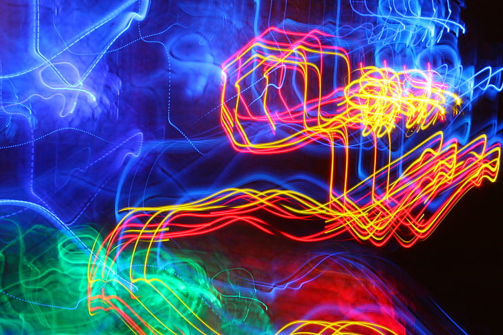 yellow and red LED light, long exposure, light painting, colorful, digital art, blue, HD wallpaper