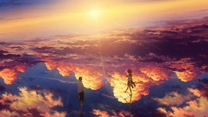 аниме пейзаж, за облаками, закат, аниме девочка и мальчик, аниме, HD обои