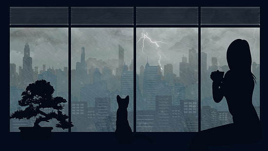 lightning, anime art, darkness, silhouette, anime girl, window, shadow, cat, glass, cloud, HD wallpaper HD wallpaper