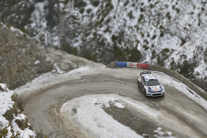 Winter, Volkswagen, Turn, WRC, Rally, Polo, Sebastien Ogier, Julien Ingrassia, tilt- shift, HD wallpaper
