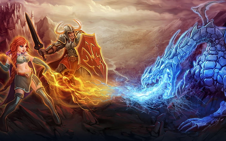 two red and yellow abstract paintings, Tibia, RPG, fantasy art, warrior, HD wallpaper
