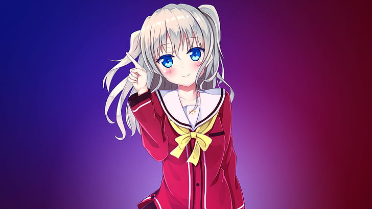 Charlotte, Tomori Nao, Schuluniform, weißes Haar, Lächeln, blaue Augen, Anime, HD-Hintergrundbild