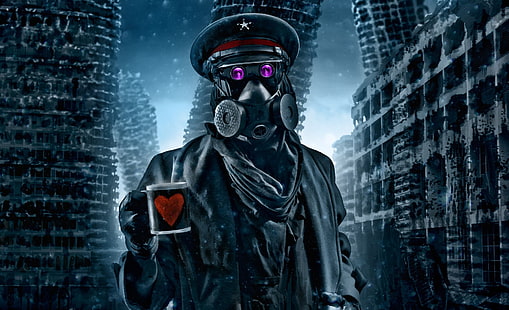 armored man with gas mask illustration, winter, snow, art, mug, gas mask, captain, ruins, heart, comic, romance of the Apocalypse, romantically apocalyptic, alexiuss, HD wallpaper HD wallpaper