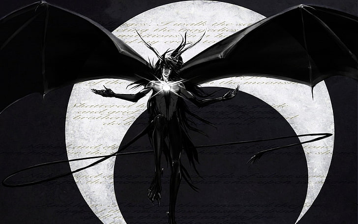 papel de parede de morcego, asas, alvejante, Ulquiorra Cifer, Espada, lua, escrita, monocromático, HD papel de parede