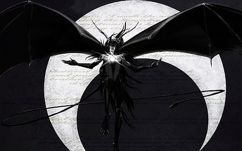 papel de parede de morcego, asas, alvejante, Ulquiorra Cifer, Espada, lua, escrita, monocromático, HD papel de parede HD wallpaper