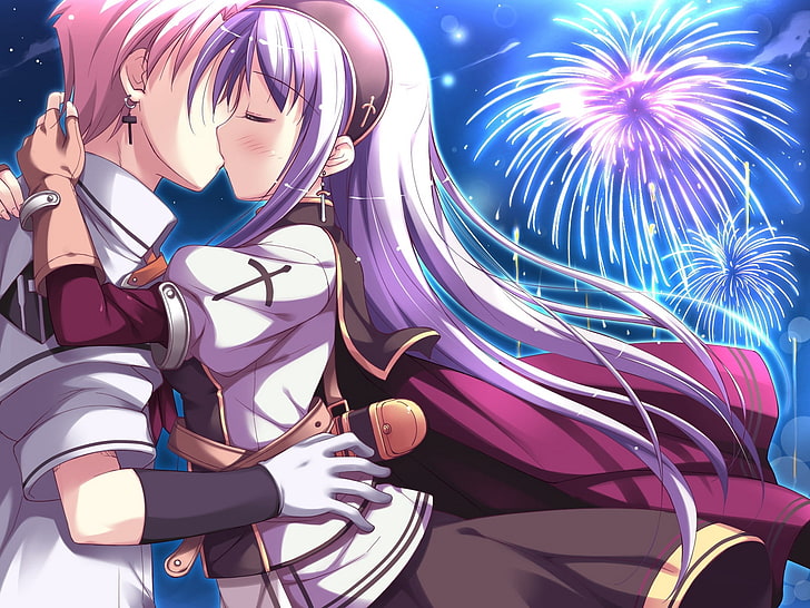 male and female anime character kissing each other digital wallpaper, shukufuku no campanella, boy, girl, kiss, fireworks, HD wallpaper