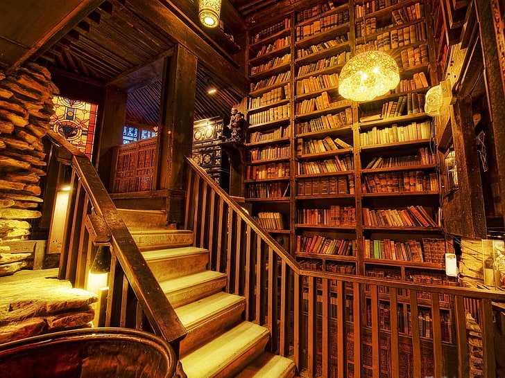 коричневая деревянная книжная полка, лампы, книги, библиотека, HD обои