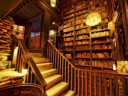 brązowy regał drewniany, lampy, książki, biblioteka, Tapety HD HD wallpaper
