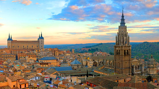 El cielo, las nubes, el atardecer, el castillo, la torre, el hogar, España, Toledo, Fondo de pantalla HD HD wallpaper