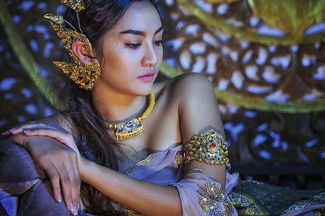 Kvinnor, asiatisk, bokeh, klänning, örhängen, flicka, smycken, modell, halsband, thailändsk, thailand, traditionell dräkt, kvinna, HD tapet HD wallpaper