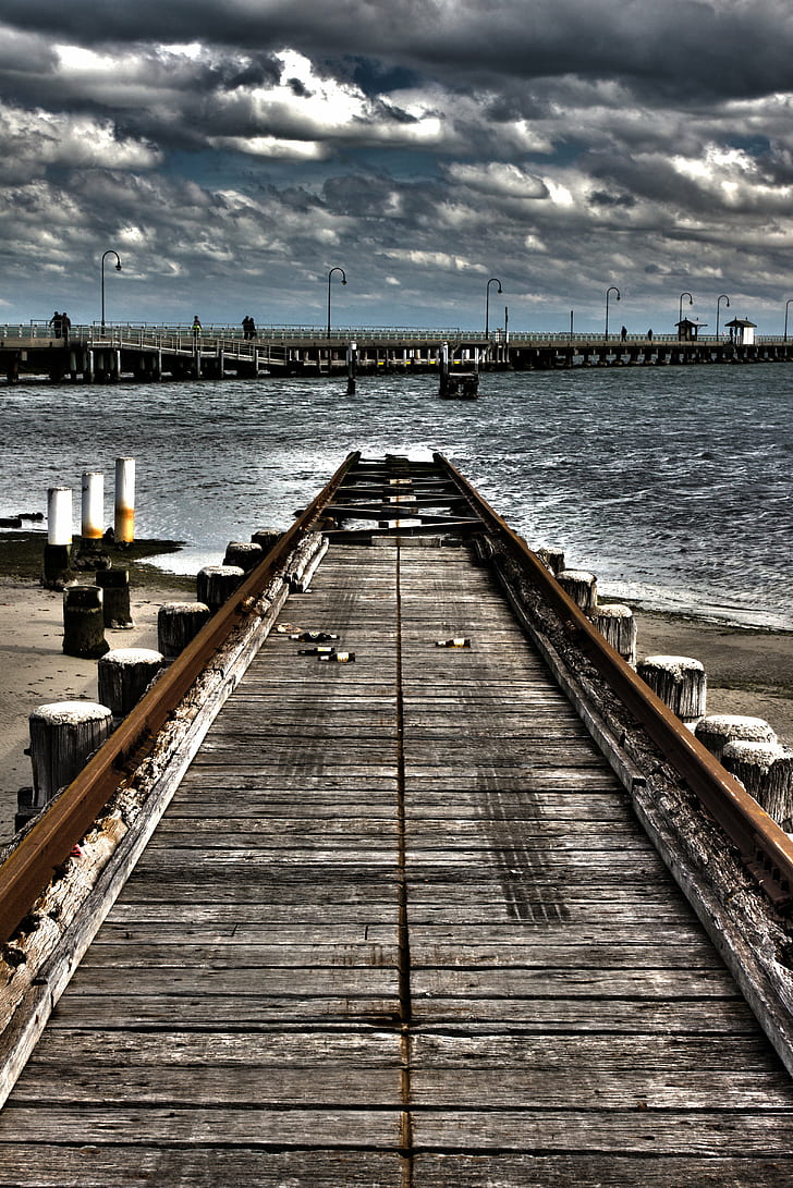 brown and gray metal framed beach bridge photo, End of the Line, gray, metal, framed, beach bridge, photo, canon, 500d, melbourne, boat ramp, st kilda, hdr, pier, sea, jetty, wood - Material, harbor, nature, water, commercial Dock, outdoors, sky, beach, HD wallpaper