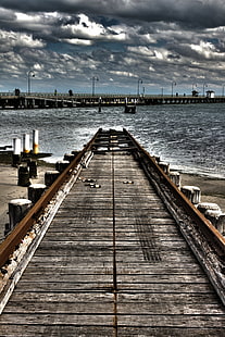 brown and gray metal framed beach bridge photo, End of the Line, gray, metal, framed, beach bridge, photo, canon, 500d, melbourne, boat ramp, st kilda, hdr, pier, sea, jetty, wood - Material, harbor, nature, water, commercial Dock, outdoors, sky, beach, HD wallpaper HD wallpaper