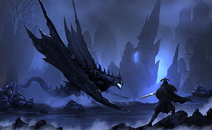 arte digital, guerrero, dragón, espada, arte de fantasía, azul, montañas, Fondo de pantalla HD