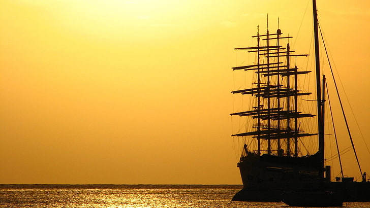 صورة ظلية من السفينة ، تبحر السفينة ، السماء ، البحر ، السفينة ، السيارة، خلفية HD
