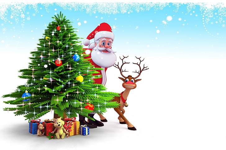 Santa Claus Rudolph the red nose reindeer illustration, snow, tree, new year, Christmas, gifts, Santa Claus, deer, christmas tree, Reindeer, HD wallpaper