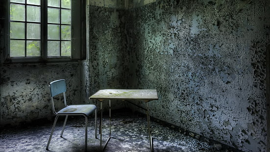 abandoned, interior, chair, table, window, room, HDR, wall, HD wallpaper HD wallpaper
