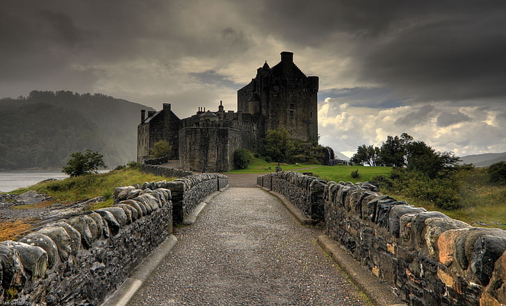 회색 성, 건축, 중세, 성, 스코틀랜드, 영국, 흐린 날씨, 돌, HD 배경 화면