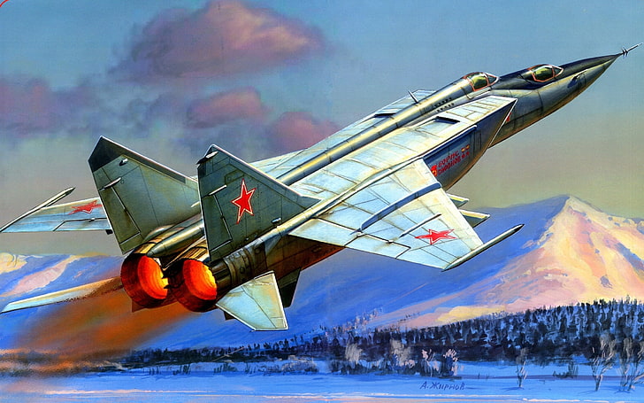 самолет-истребитель серо-красного цвета, иллюстрация, самолет, рисунок, Жирнов, МиГ-25П, ВВС СССР, сверхзвуковой высотный истребитель-перехватчик, Микоян-Гуревич, HD обои