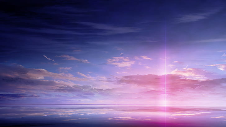 refleksi, langit merah muda, seni anime, langit, laser, cakrawala, Wallpaper HD