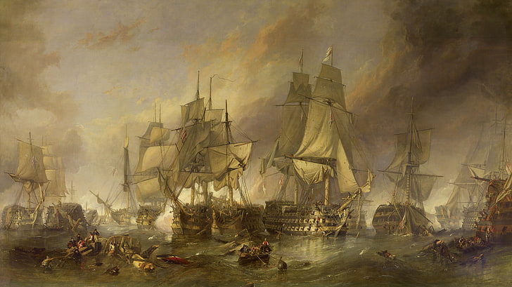 konstverk, skepp, Slaget vid Trafalgar, målning, HD tapet