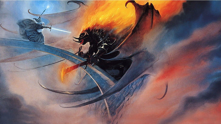 Gandalf vs Balrog, gray dragon poster, artistic, 1920x1080, the lord of rings, lotr, gandalf, balrog, HD wallpaper