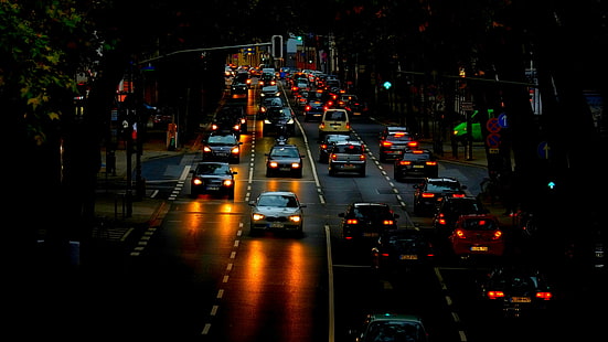 street, lamp, night, darkness, traffic, cars, road, dusk, drive, mainz, germany, europe, rheinstrasse, city, evening, HD wallpaper HD wallpaper
