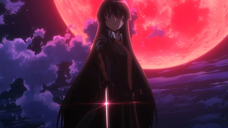 длинные волосы девушка аниме персонаж, аниме, акаме га убийство, акаме (акаме га убийство!), девушка, луна, меч, HD обои