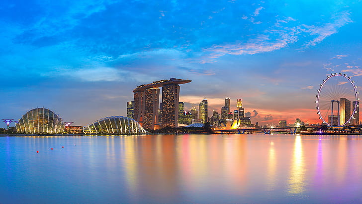 Ruota panoramica HD dei grattacieli degli edifici di Singapore, costruzioni, paesaggio urbano, grattacieli, ruota, ferris, Singapore, Sfondo HD