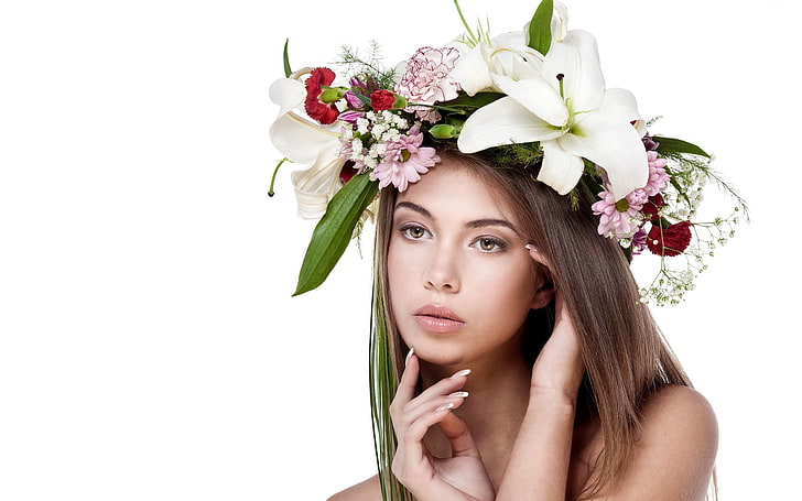white floral headdress, brunette, wreath, flowers, look, HD wallpaper