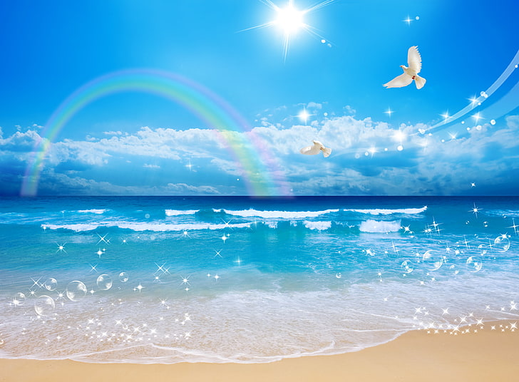 белые птицы и радуга на океане иллюстрации, песок, море, волна, небо, солнце, облака, полет, пейзаж, пузыри, берег, красота, радуга, белые голуби, HD обои